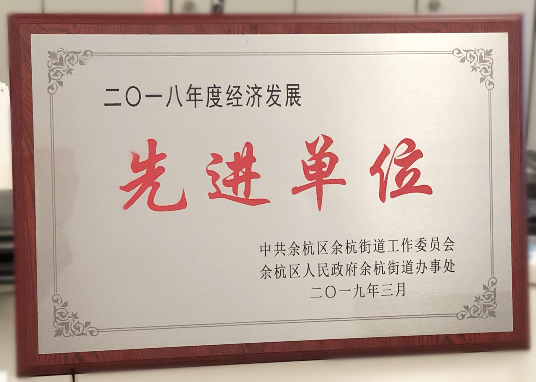 城西德奥荣获余杭街道“2018年度经济发展 先进单位”荣誉称号